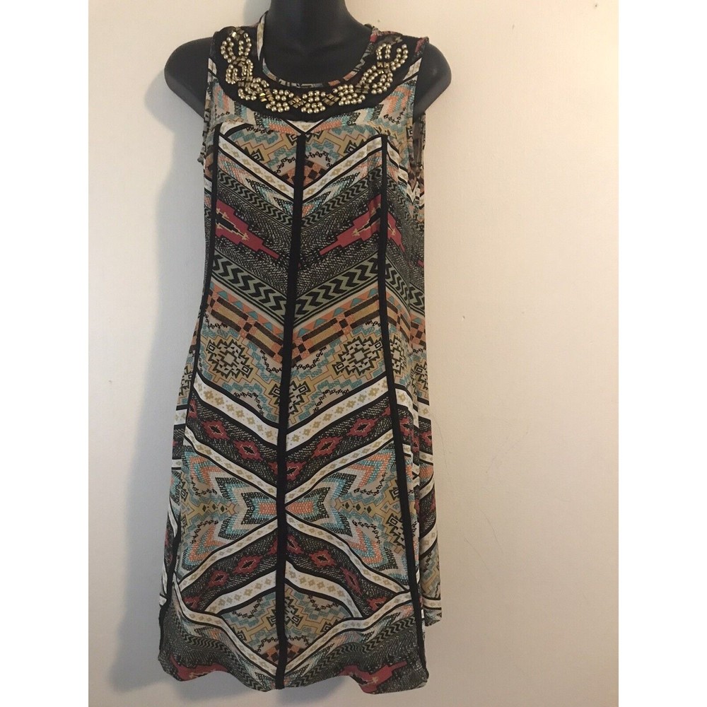 New Directions Multi Colorful Boho Aztec Print Beaded Sleeveless Dress Size PS